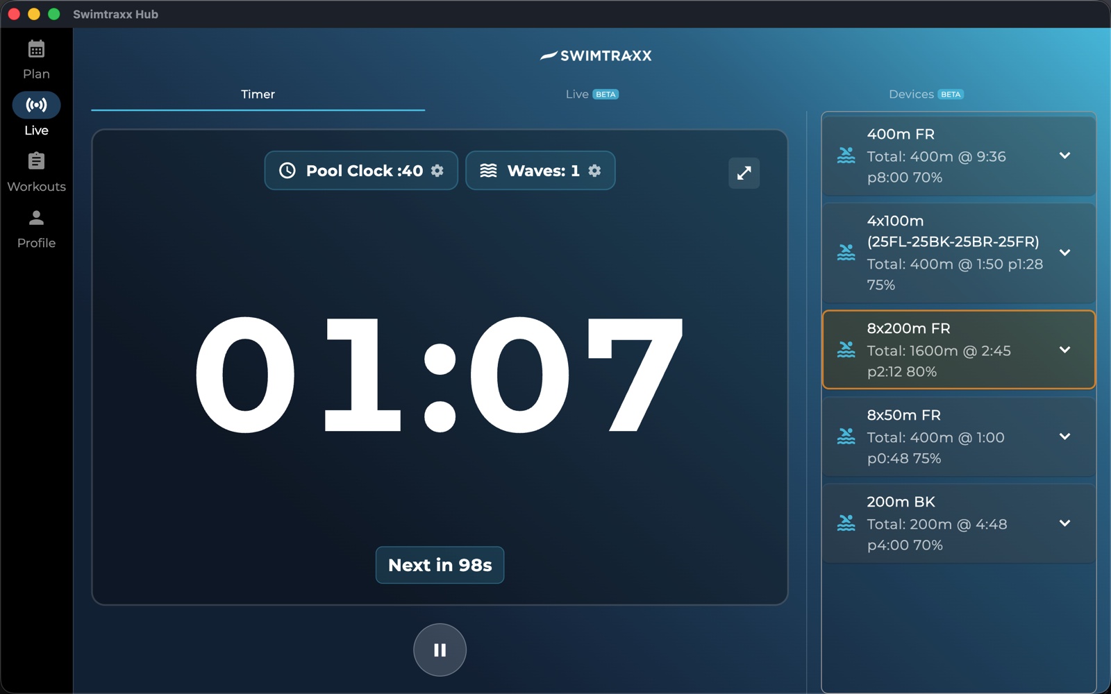 Swimtraxx Hub on Mac running the live pool clock during a session